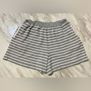 Gray and white waffled lounge shorts.